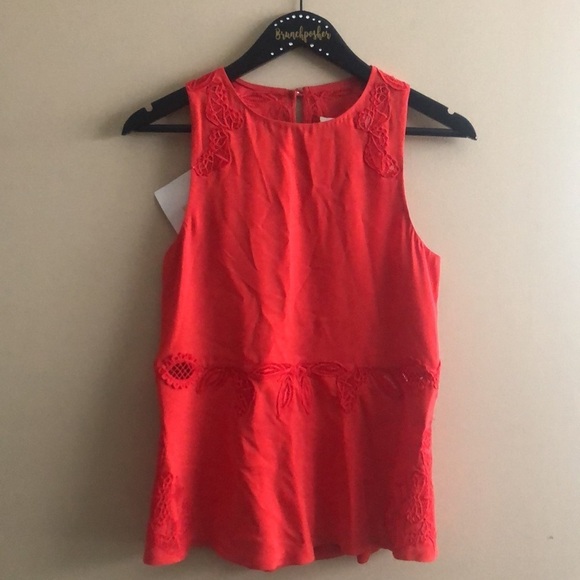 Jonathan Simkhai Red Embroidered Peplum Lace Trim Keyhole Back Sleeveless Blouse - Picture 5 of 10